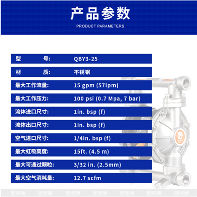边锋QBY3-25固德牌不锈钢气动隔膜泵1寸气动防腐耐酸碱化工泵